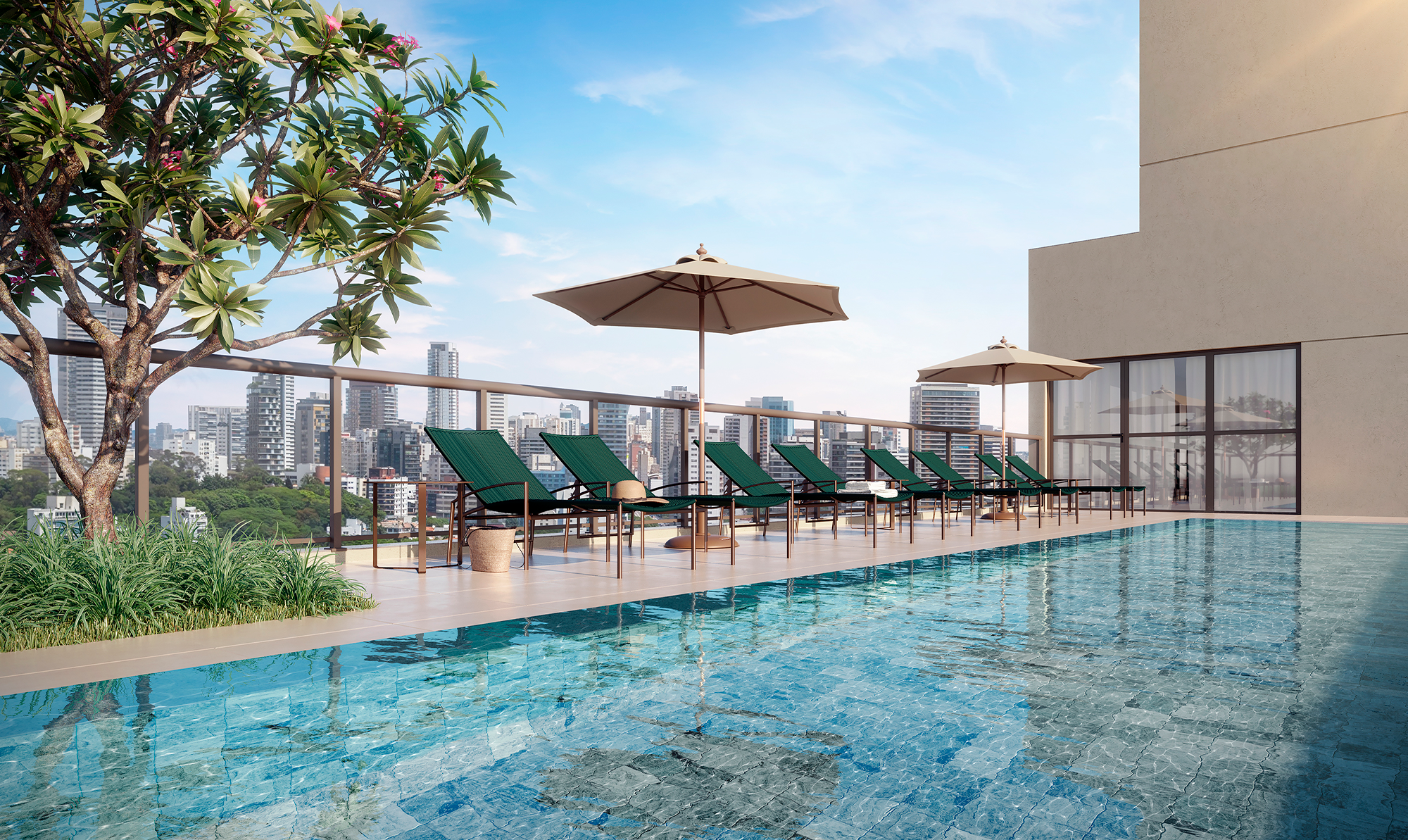 Rooftop com piscina, deck e lounge com vista